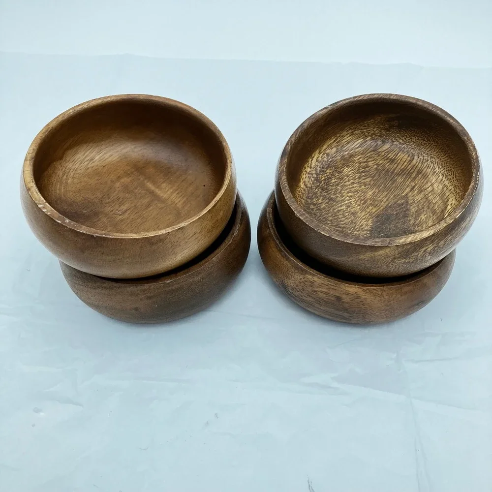 Wood Snack Bowls Set of 4 4in Brown Handcrafted Mid Century Style